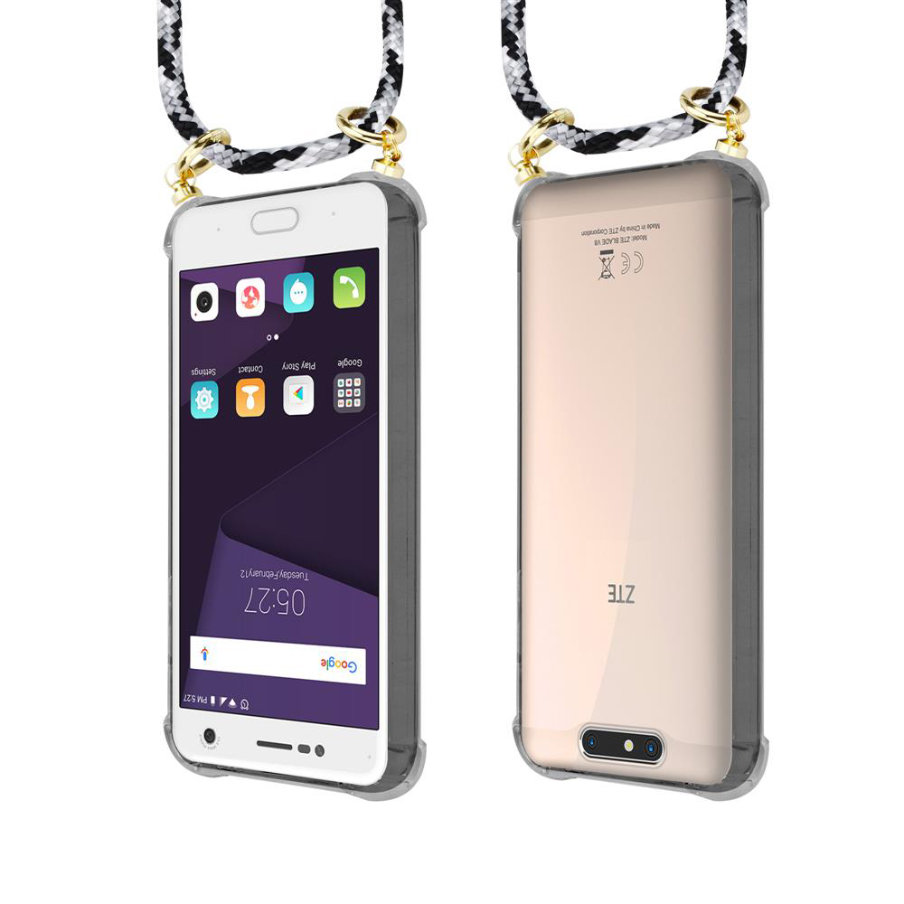 Vorder- und Rückansicht eines weißen ZTE-Smartphones in Hülle mit Kordel.