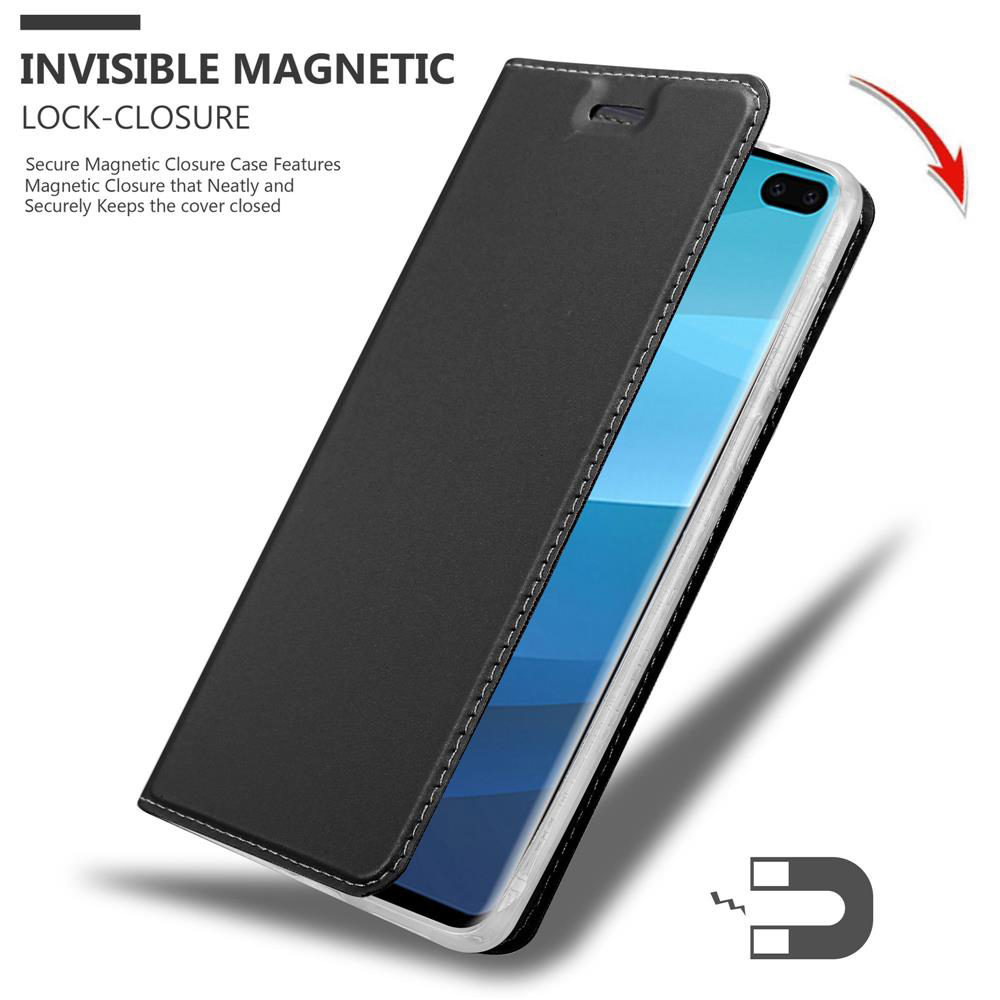 Schwarzes Handyhülle mit magnetischem Verschluss, zeigt das Innere des Telefons.