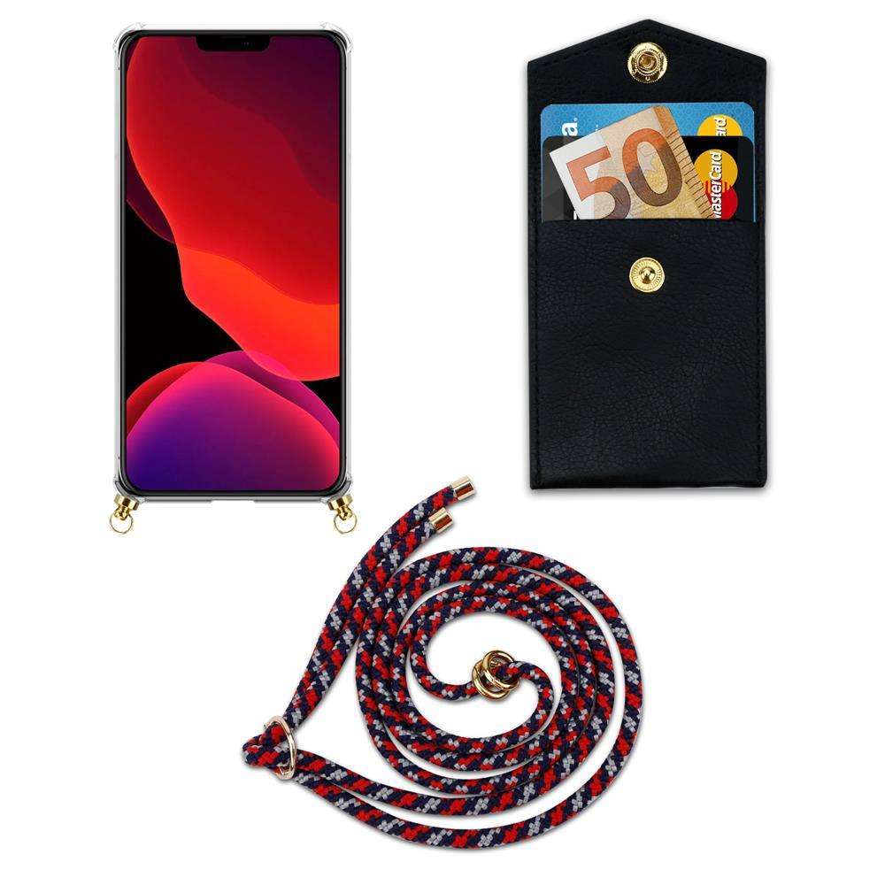 iPhone in custodia con laccetto, porta carte nero con soldi e carte.