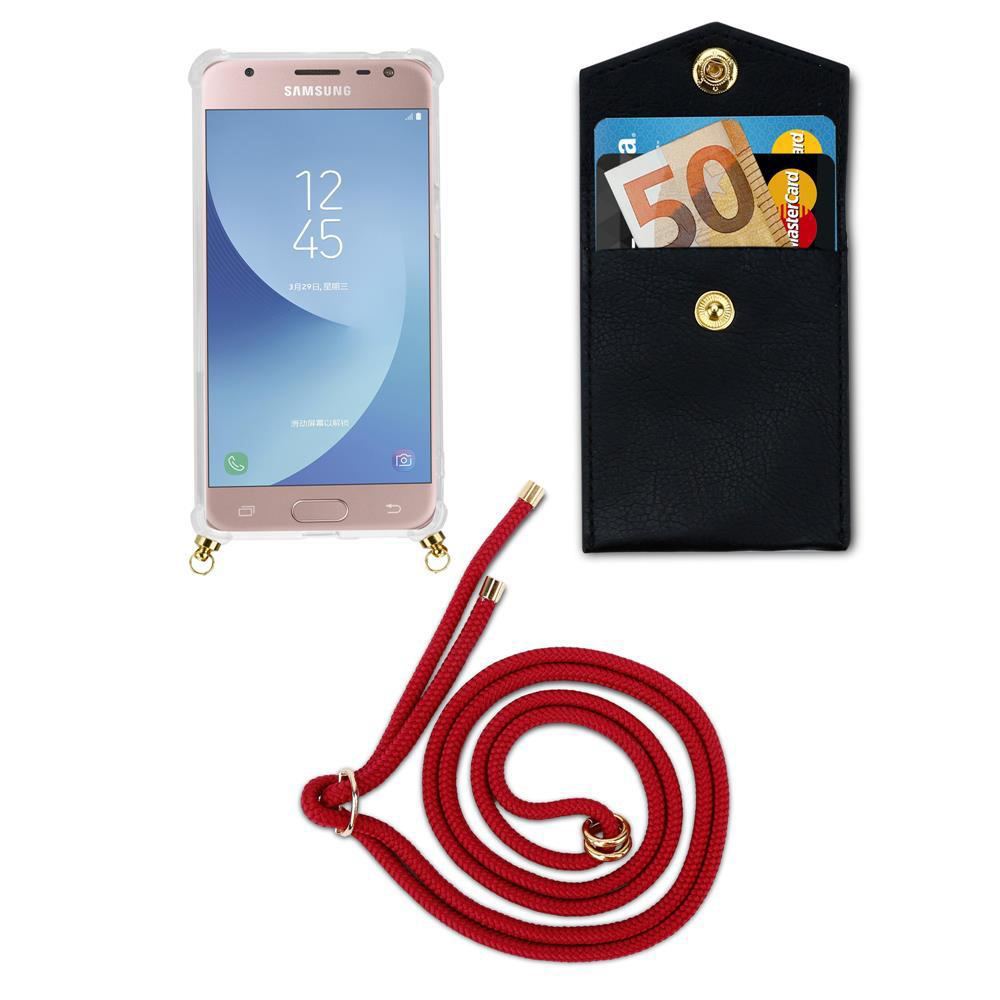 Uno smartphone in custodia, un portafoglio nero con carte e contanti e un laccio rosso.