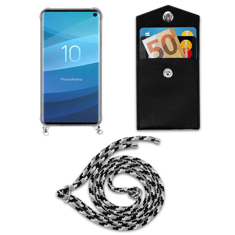 Smartphone, pochette nera con soldi e carta, e cordino.