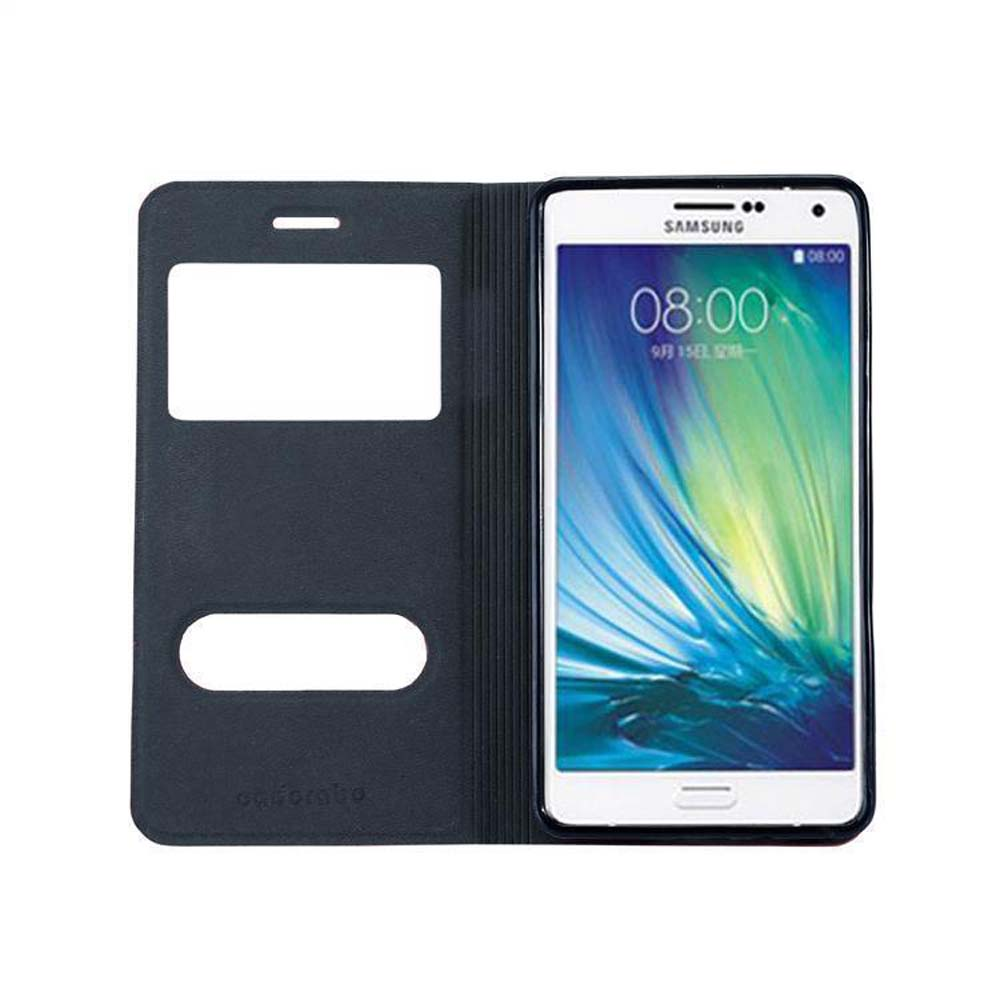 Custodia blu scuro aperta su smartphone che mostra le 08:00.