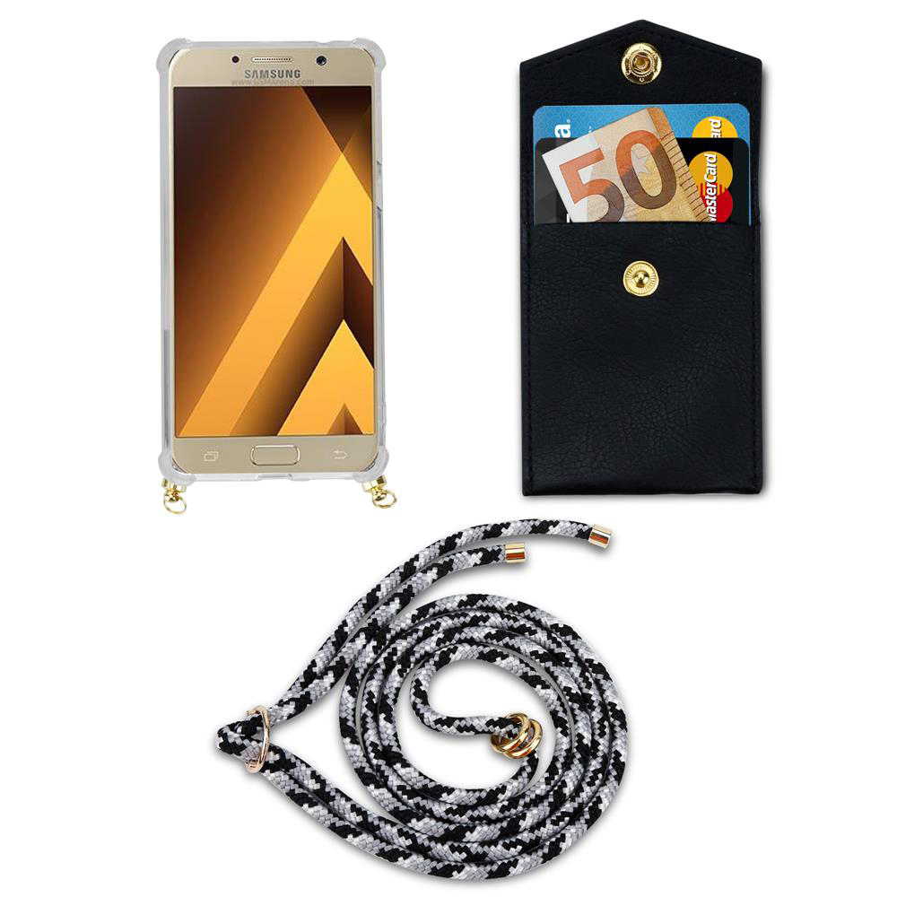 Uno smartphone in una custodia, un portafoglio carte nero con soldi e carte, e un laccio.