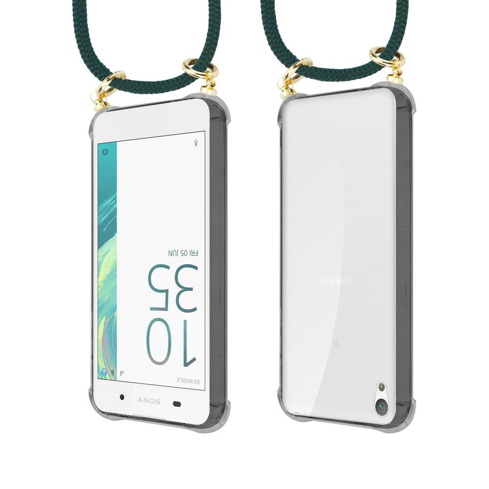 Zwei Smartphones mit schwarzem Band, eines zeigt die Vorderseite, das andere die Rückseite.