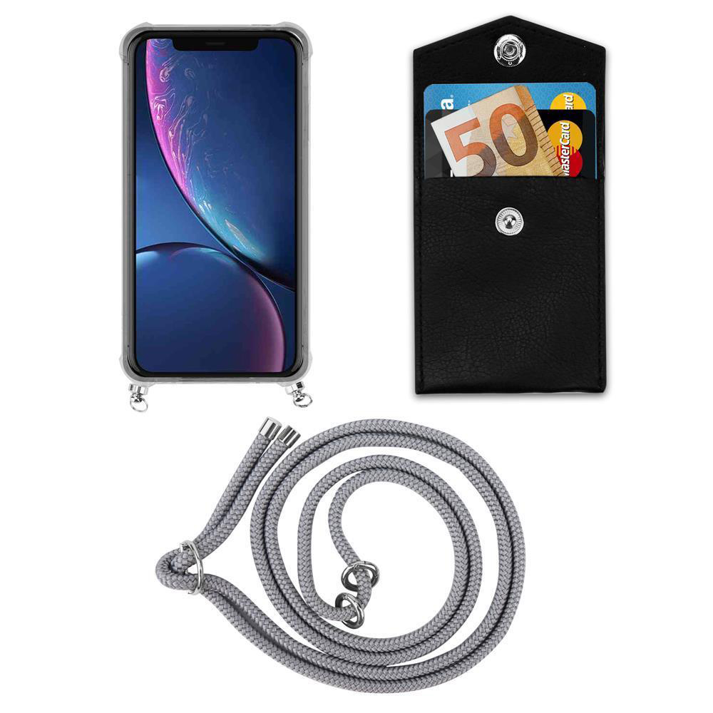 Uno smartphone in custodia, accanto a una tasca nera con banconota e carta.
