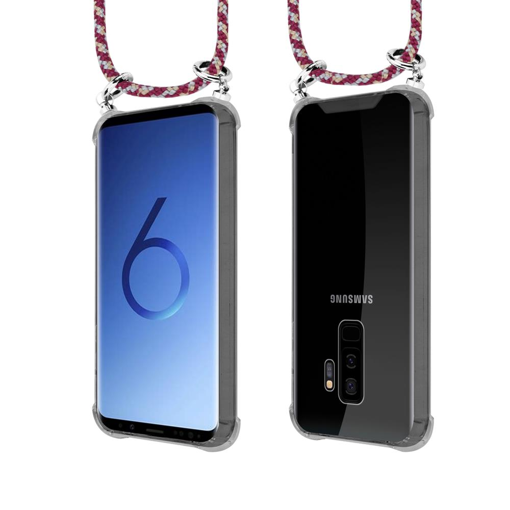 Due smartphone in custodie trasparenti con cordini decorativi, viste frontale e posteriore.