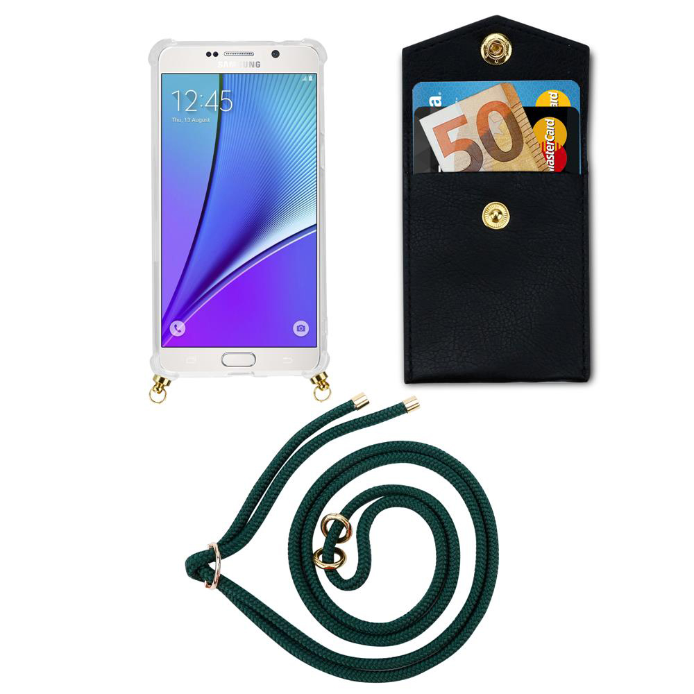 Telefono Samsung in custodia con tasca nera, soldi e carte, cordino verde.