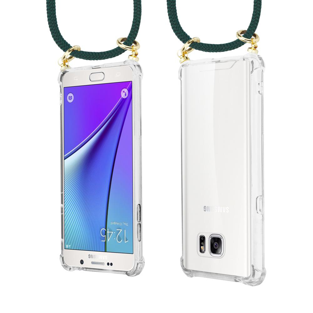 Due smartphone in custodie trasparenti con cordini attaccati ad anelli dorati.