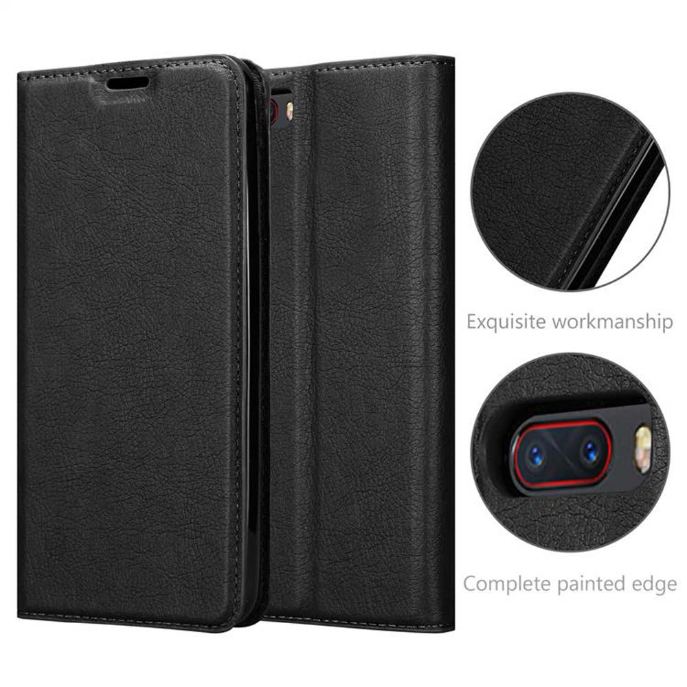 Schwarzes Leder-Flip-Cover für ein Smartphone, mit Nahaufnahme der Kamera.