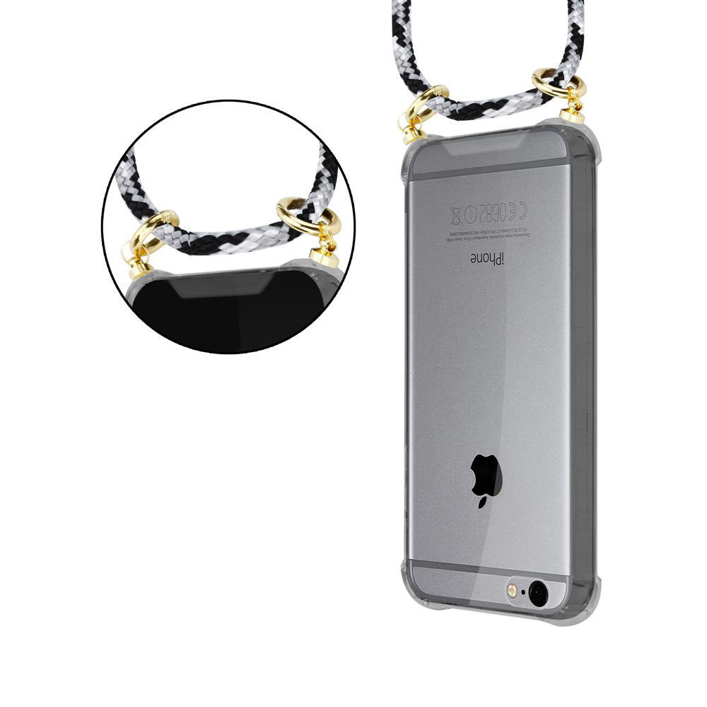 Una custodia trasparente per iPhone con un laccetto bianco e nero da portare al collo.