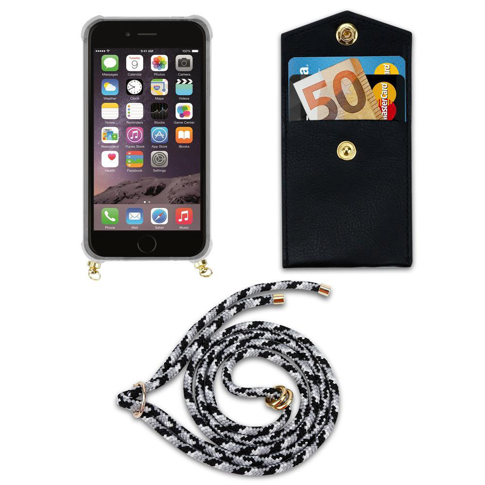 iPhone con app, porta carte nero con contanti e carte, e un cordino.