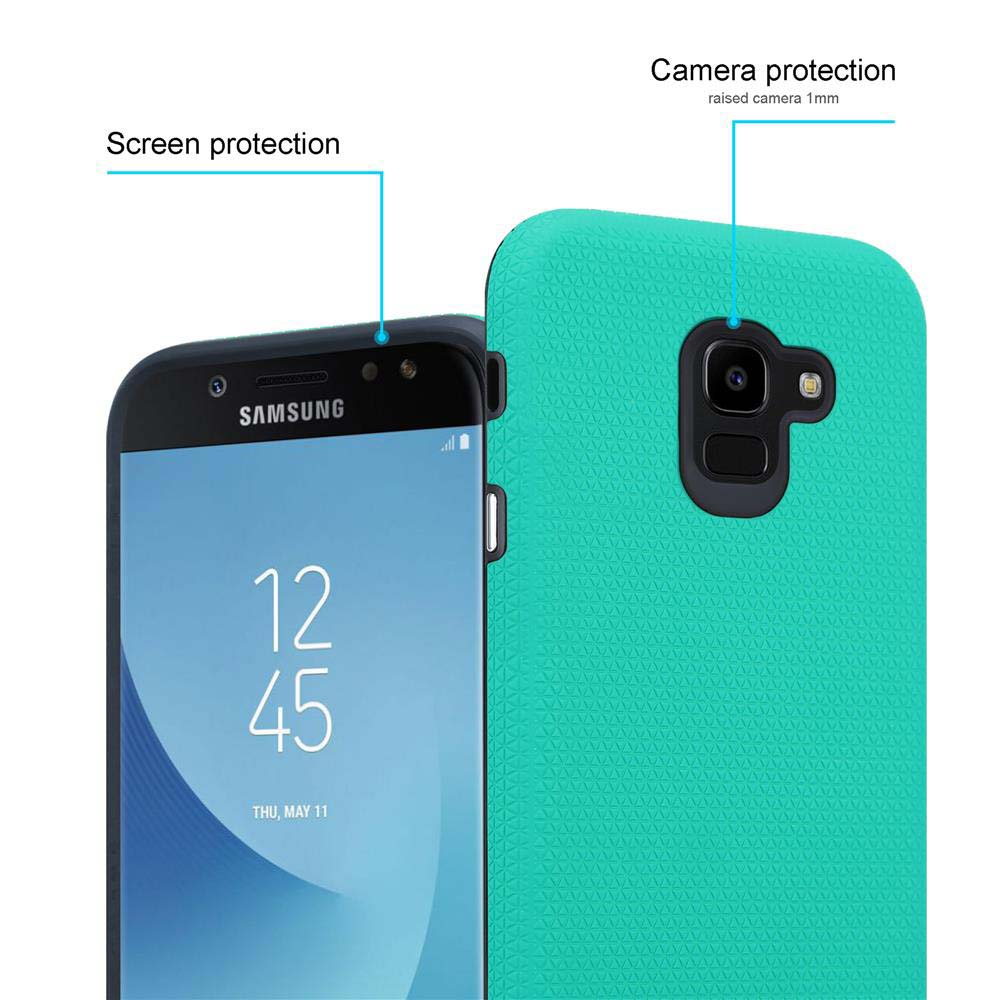 Un telefono Samsung con schermo blu e custodia verde acqua con protezione per fotocamera.