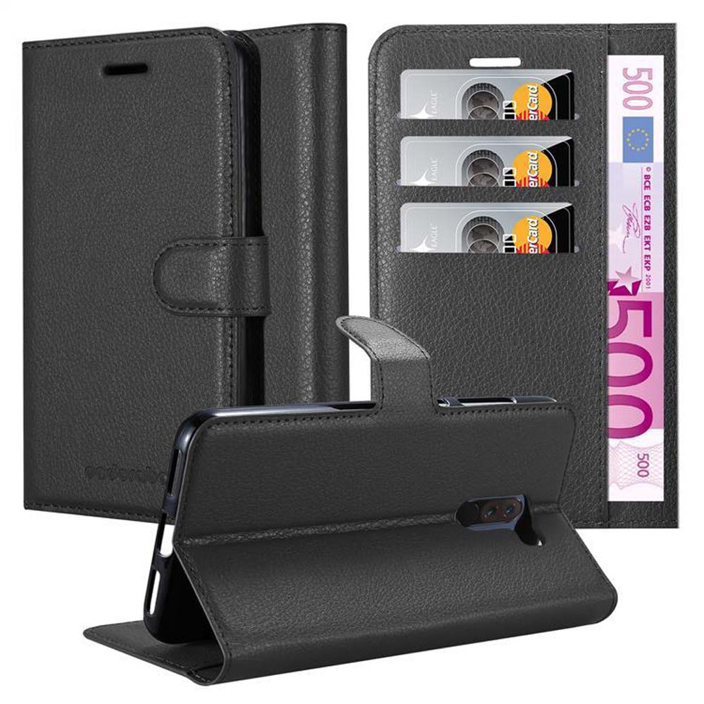Custodia per telefono in pelle nera con tre slot per carte e scomparto.