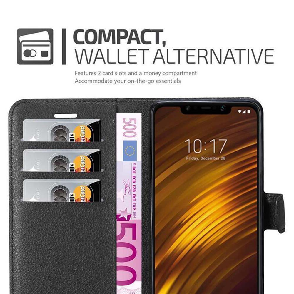 Custodia a portafoglio nera con 3 slot per carte, una banconota da 500 euro e uno smartphone.