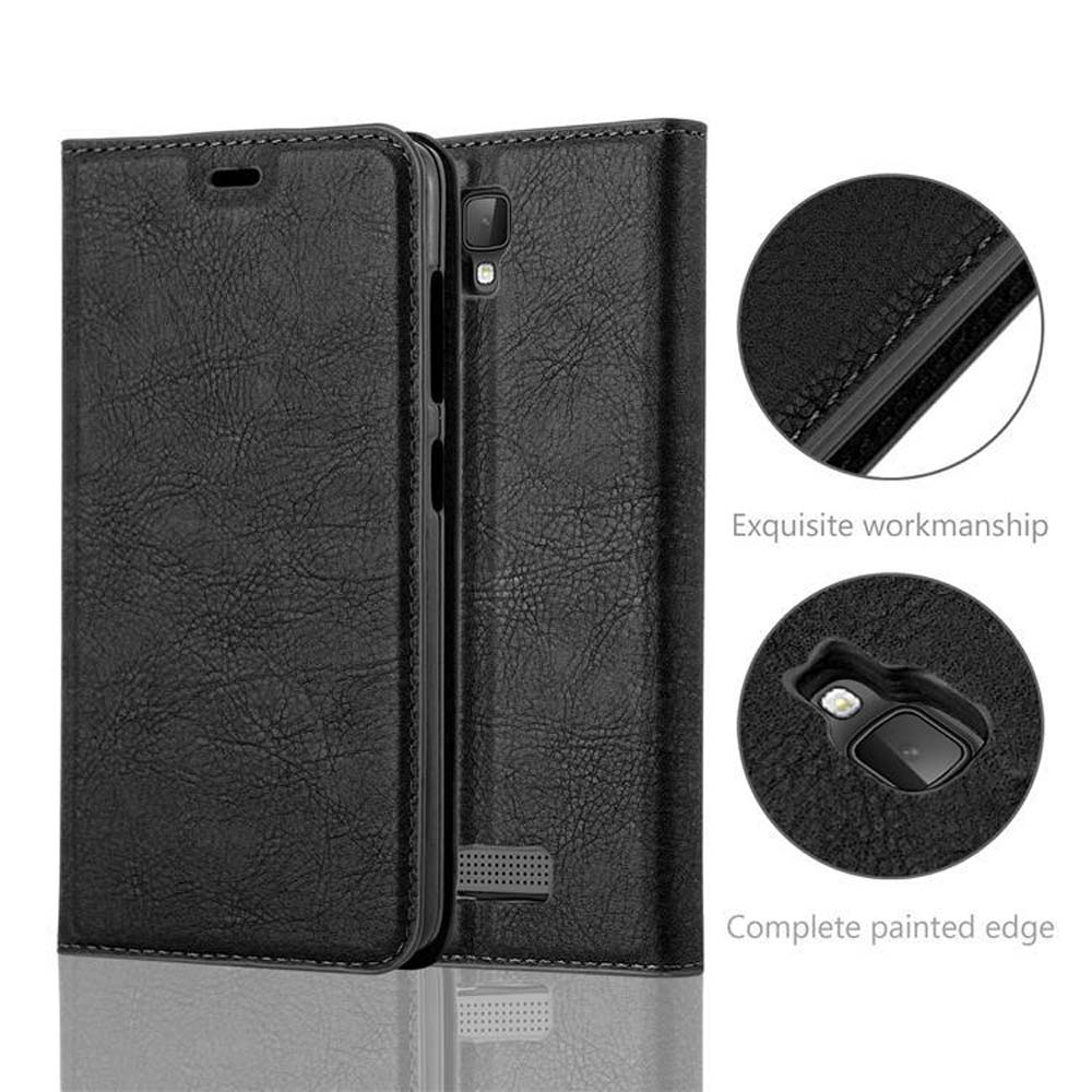 Funda negra tipo libro para móvil con costuras detalladas.