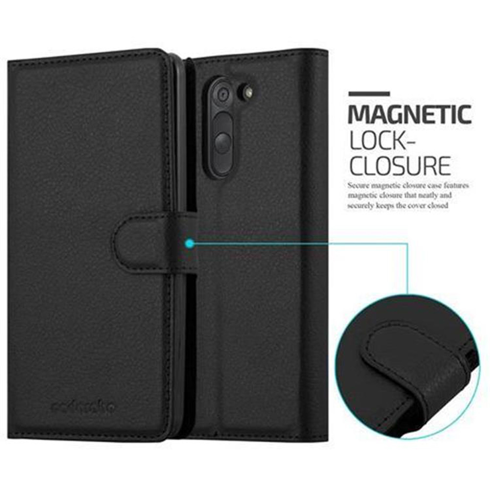 Schwarzes Leder-Flip-Case mit Magnetverschluss für ein Smartphone.