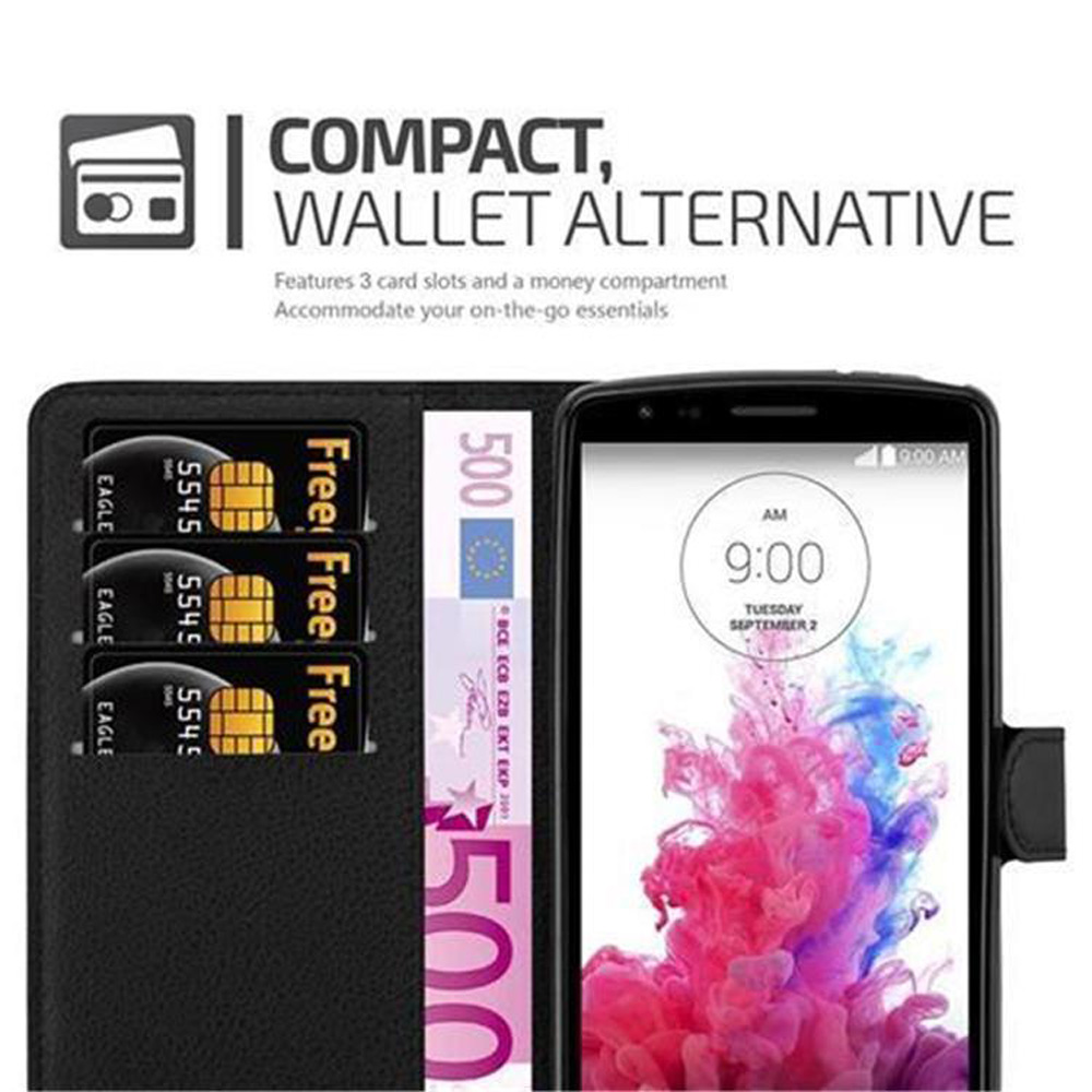 Eine schwarze Brieftasche mit drei Kartenfächern und einem 500-Euro-Schein neben einem Smartphone.