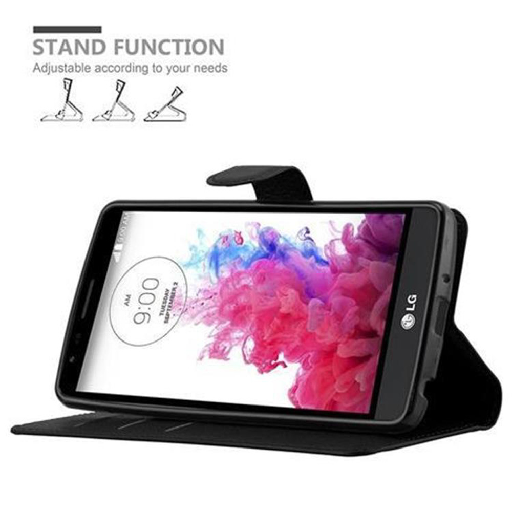 Ein schwarzes LG-Telefon in einer Hülle, die als Ständer dient.