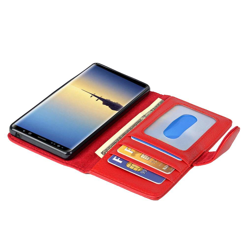 Rotes Lederportemonnaie mit Smartphone, Geld und Karten.
