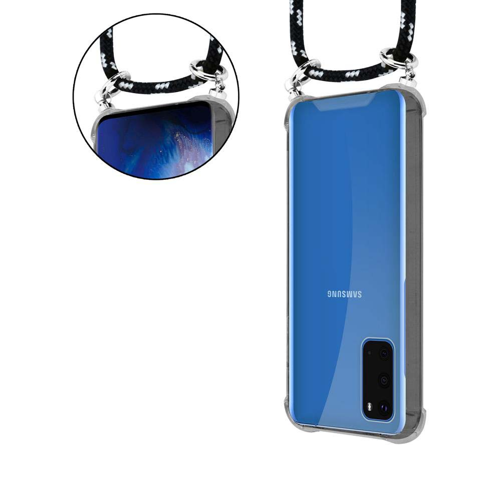 Custodia trasparente per telefono con laccetto, che tiene uno smartphone blu.