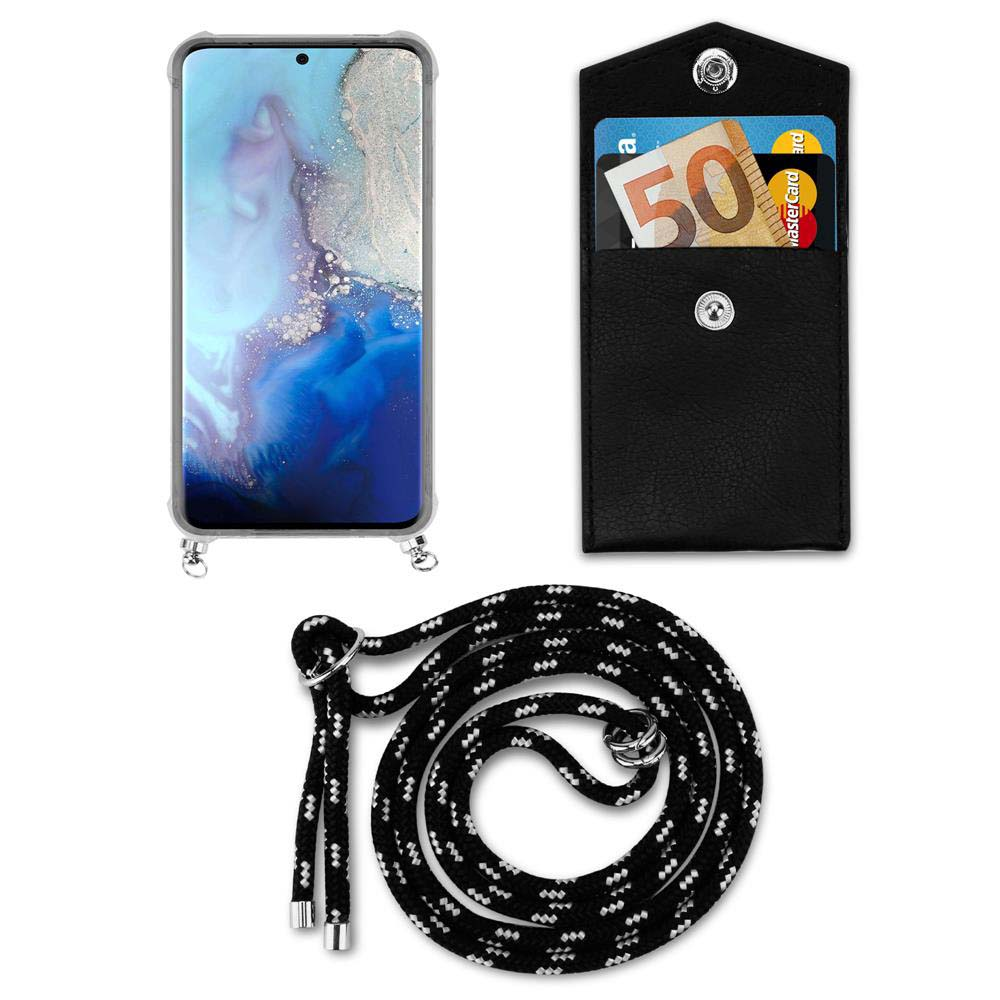 Smartphone in custodia con cordino, tasca nera con carte e banconota da 50€.