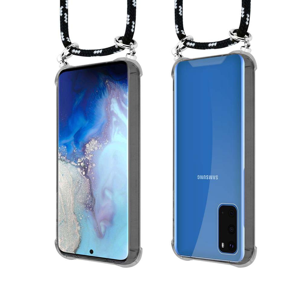 Due smartphone in custodie trasparenti con laccetti, vista frontale e posteriore.