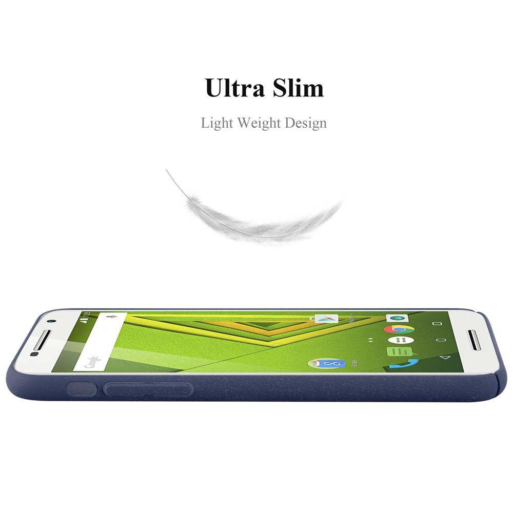 Uno smartphone blu scuro ultra-sottile e leggero con icona di piuma.