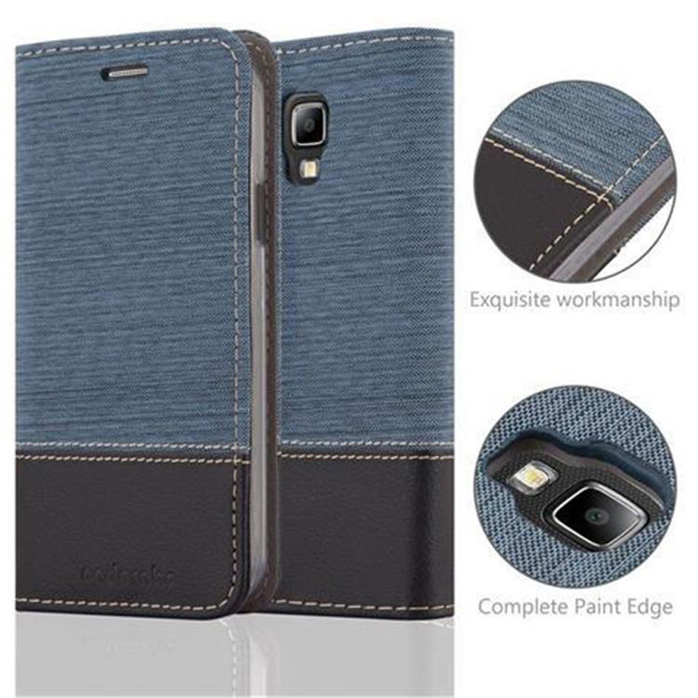 Custodia a libro blu in denim con accenti in pelle nera e cuciture.
