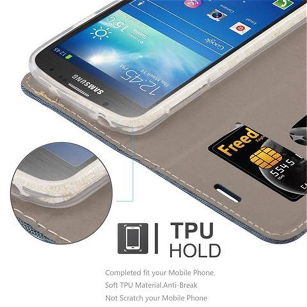 Un telefono Samsung in una custodia aperta che mostra una carta di credito e supporto in TPU.