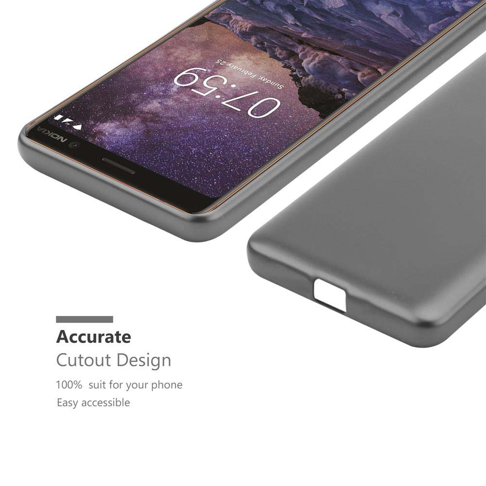 Graue Handyhülle neben einem Smartphone mit gesperrtem Bildschirm.