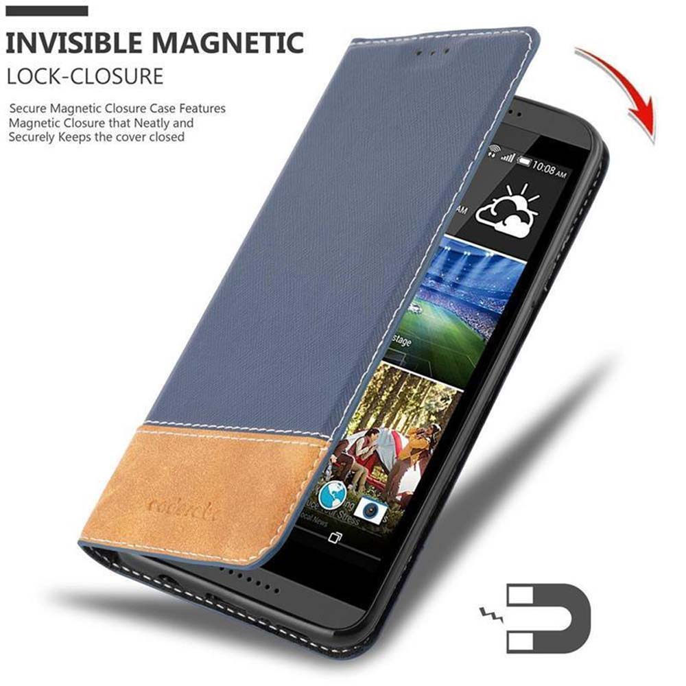 Custodia per telefono blu con patta marrone, con chiusura magnetica.