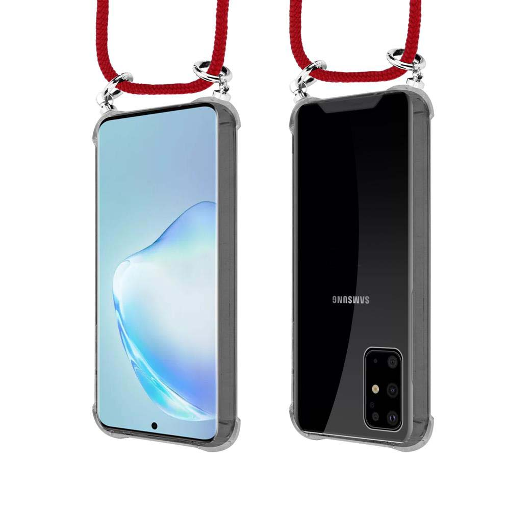 Smartphone in custodia trasparente con laccetto rosso, vista fronte e retro.
