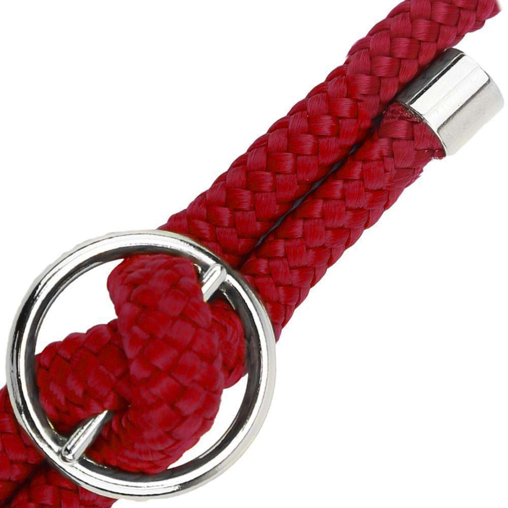 Corda rossa intrecciata con anello argentato e raccordo metallico.