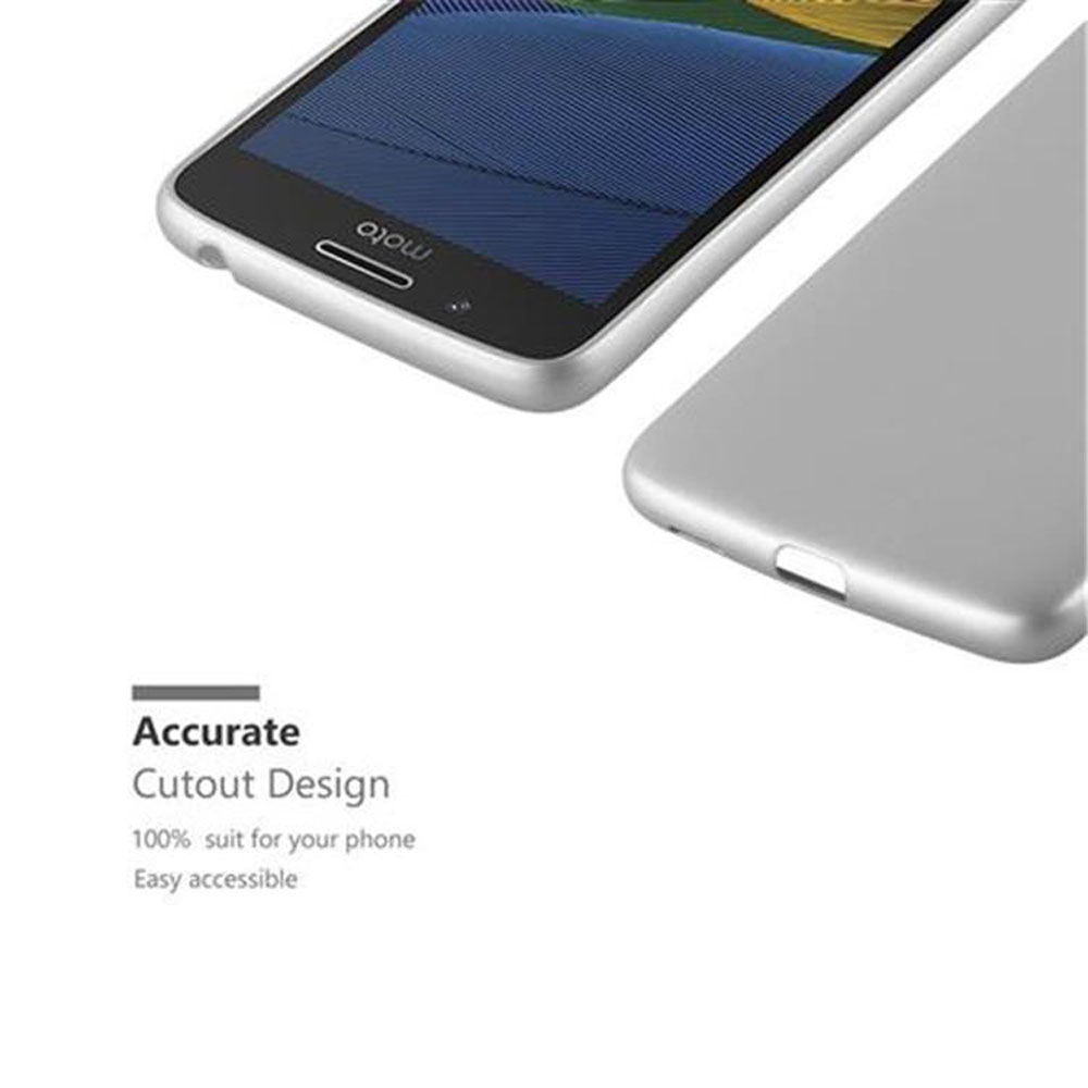 Smartphone argento con ritagli precisi, che mostra una custodia.