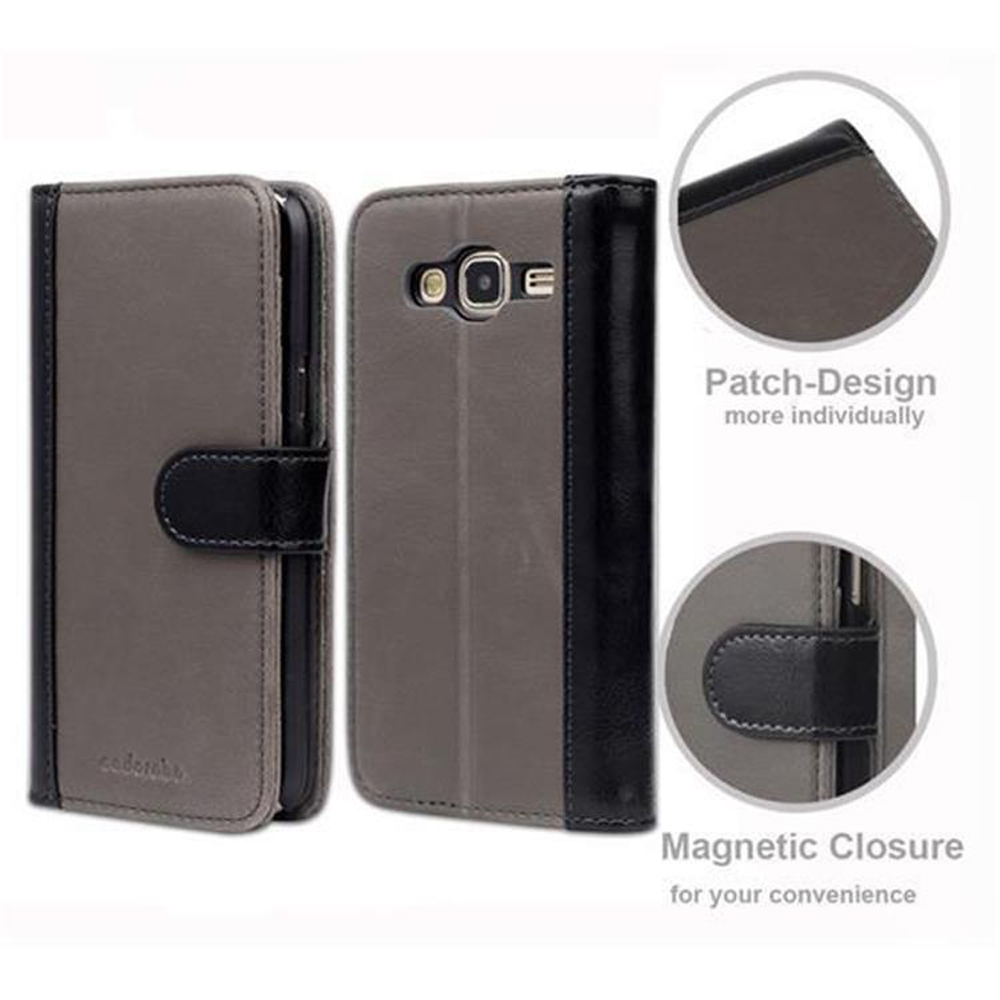 Custodia per telefono grigia e nera, aperta e chiusa, con chiusura magnetica.