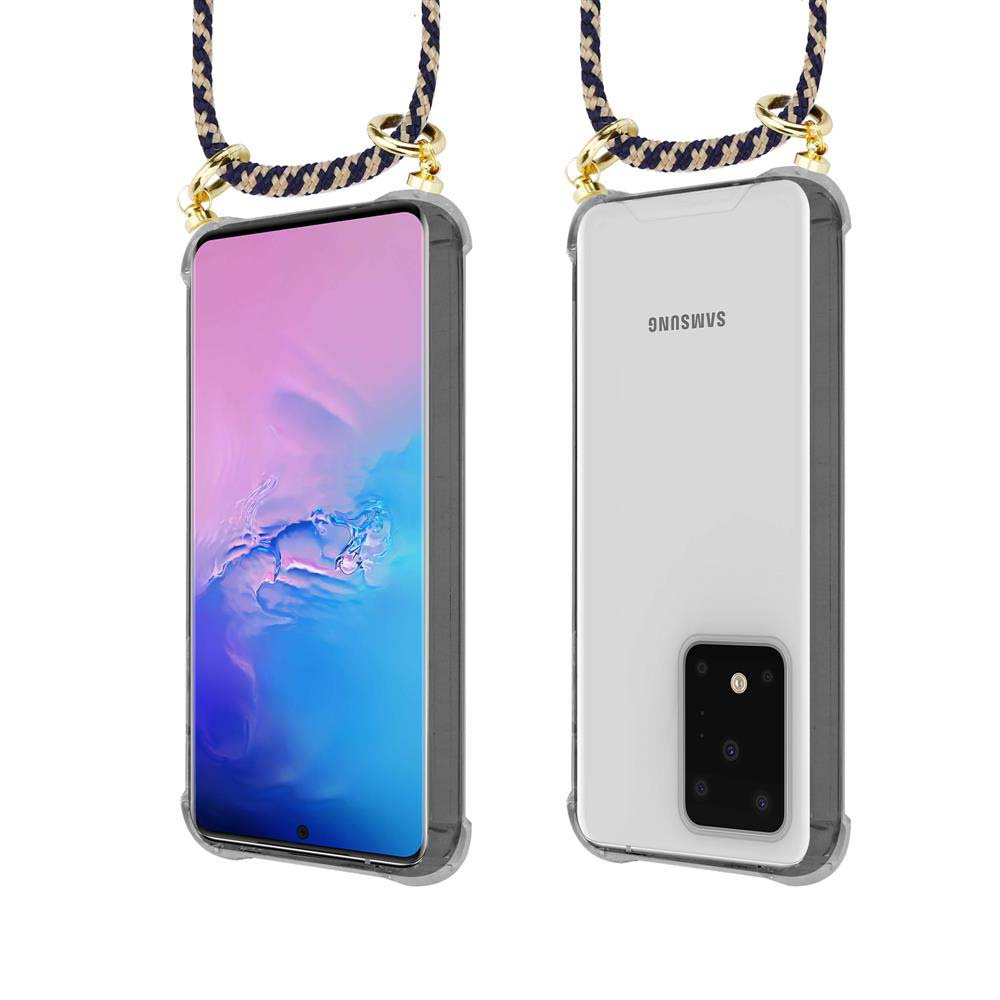 Uno smartphone Samsung in custodia trasparente con cordino.