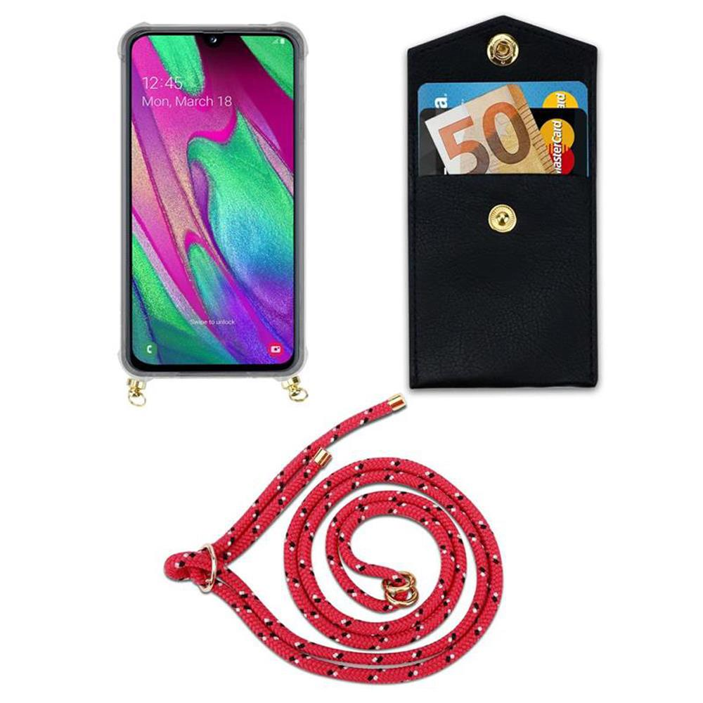 Smartphone con custodia, portafoglio nero con soldi e carte, corda rossa.