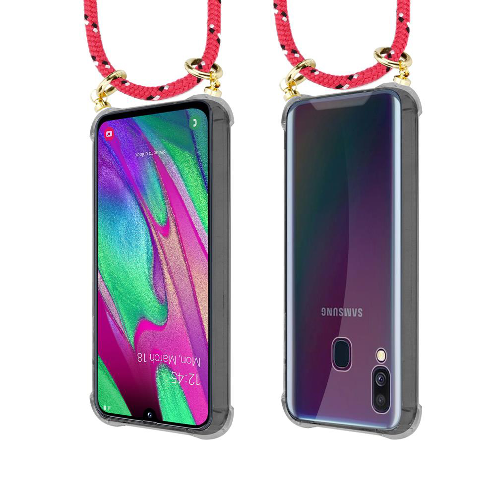 Due telefoni Samsung con cordini rossi e custodie trasparenti.