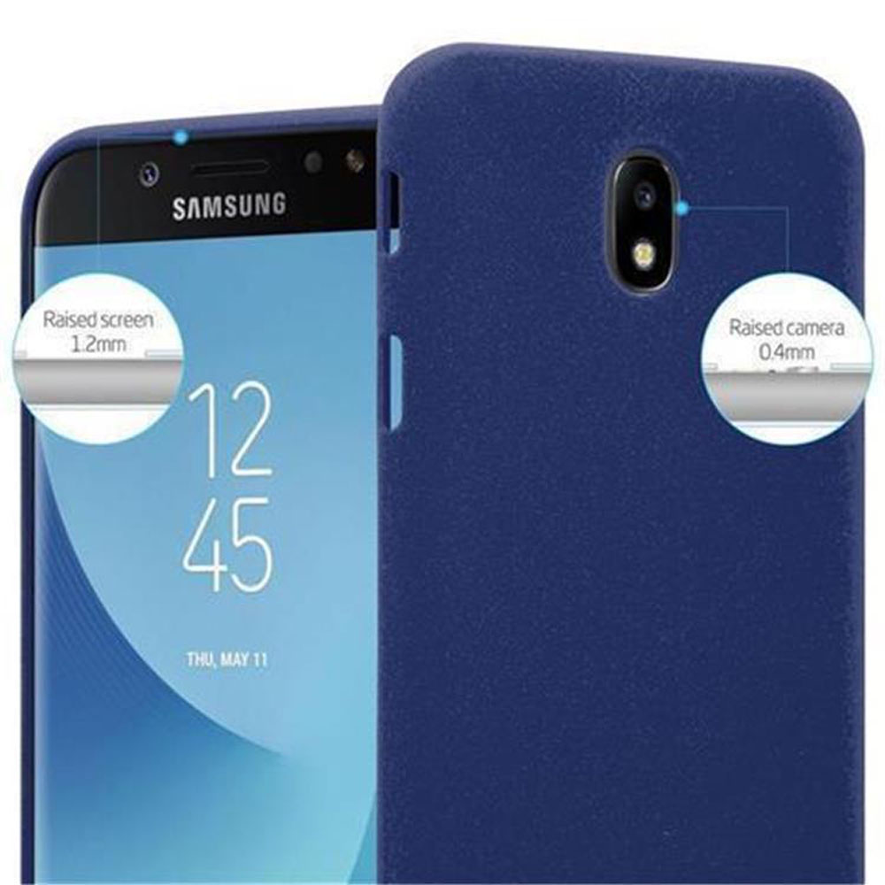 Custodia blu scuro con telefono Samsung. Bordi rialzati per schermo e fotocamera.