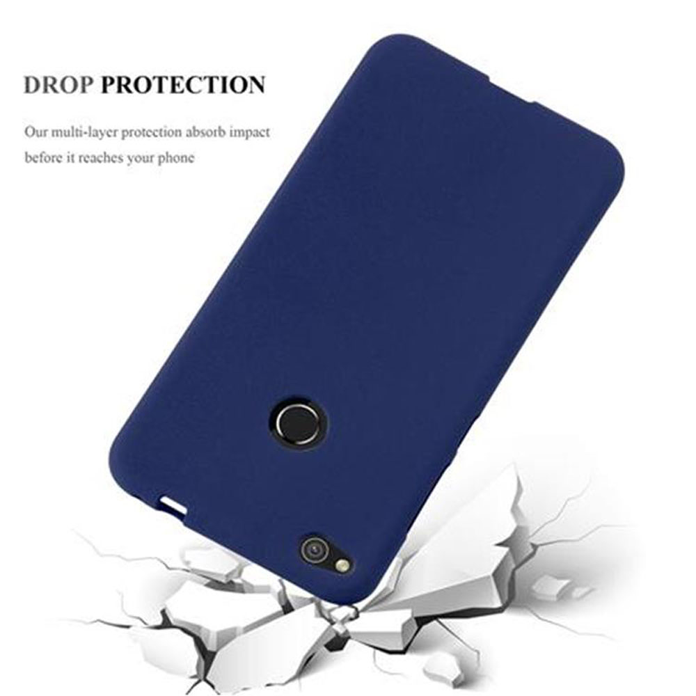 Funda azul oscuro cayendo y rompiendo una superficie blanca.