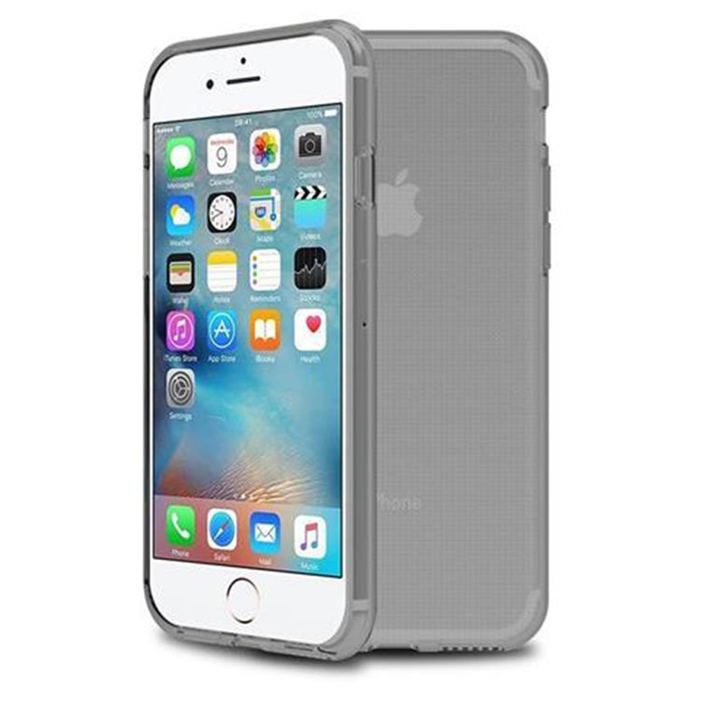 Una custodia trasparente per iPhone con schermo visibile frontalmente.