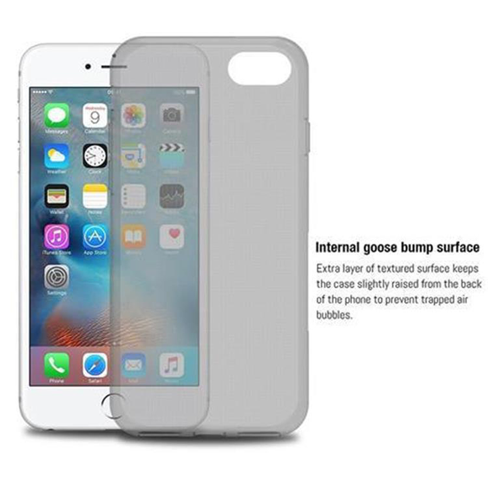 Un iPhone bianco con una custodia grigio chiaro accanto. Il testo descrive la trama interna.