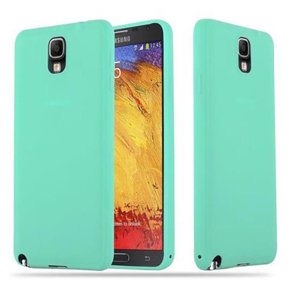Tres fundas de teléfono turquesa, una abierta mostrando una pantalla.