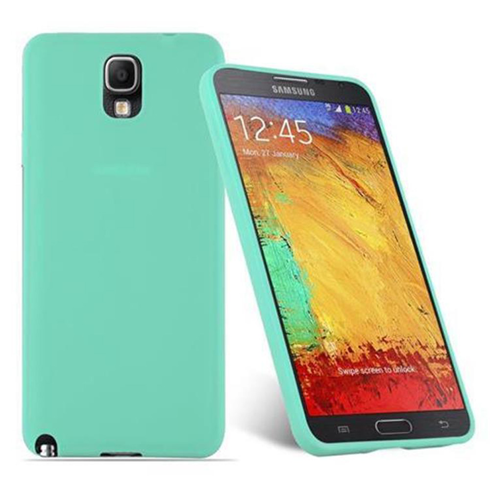 Una funda de teléfono turquesa y un smartphone con marco turquesa. El teléfono muestra las 12:45.