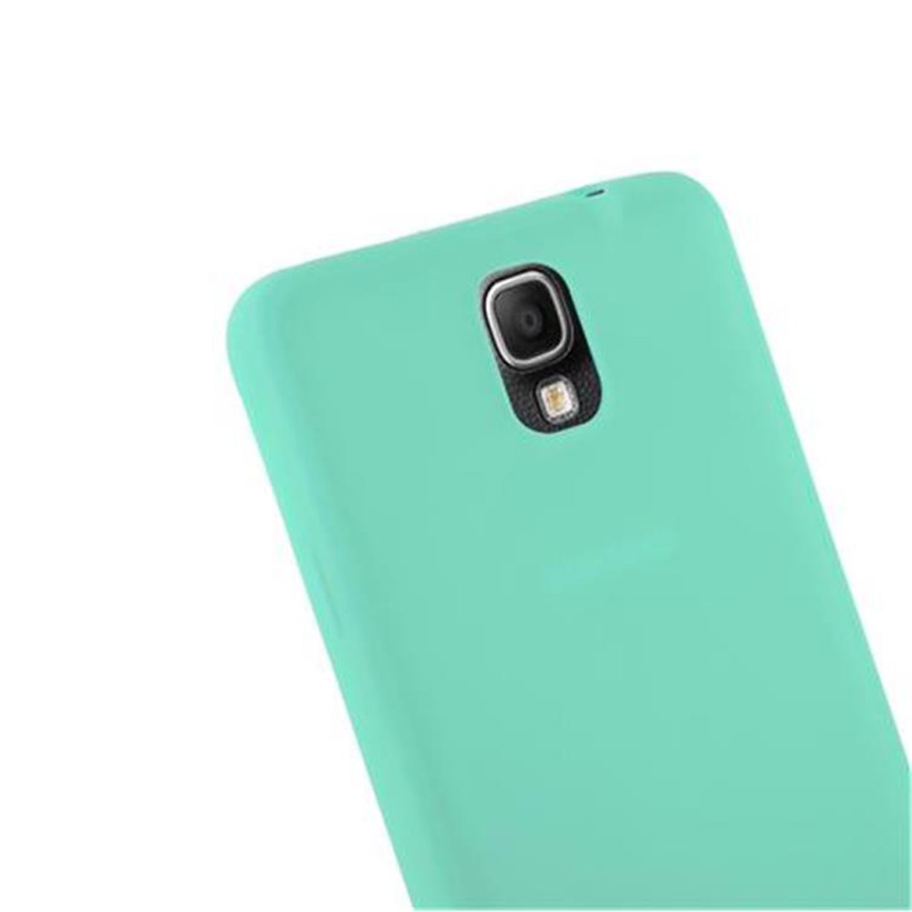 Parte trasera de un smartphone turquesa con lente de cámara y flash.