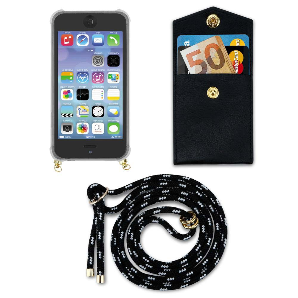 iPhone in custodia, tasca nera con carte e banconota da 50 euro, laccio.