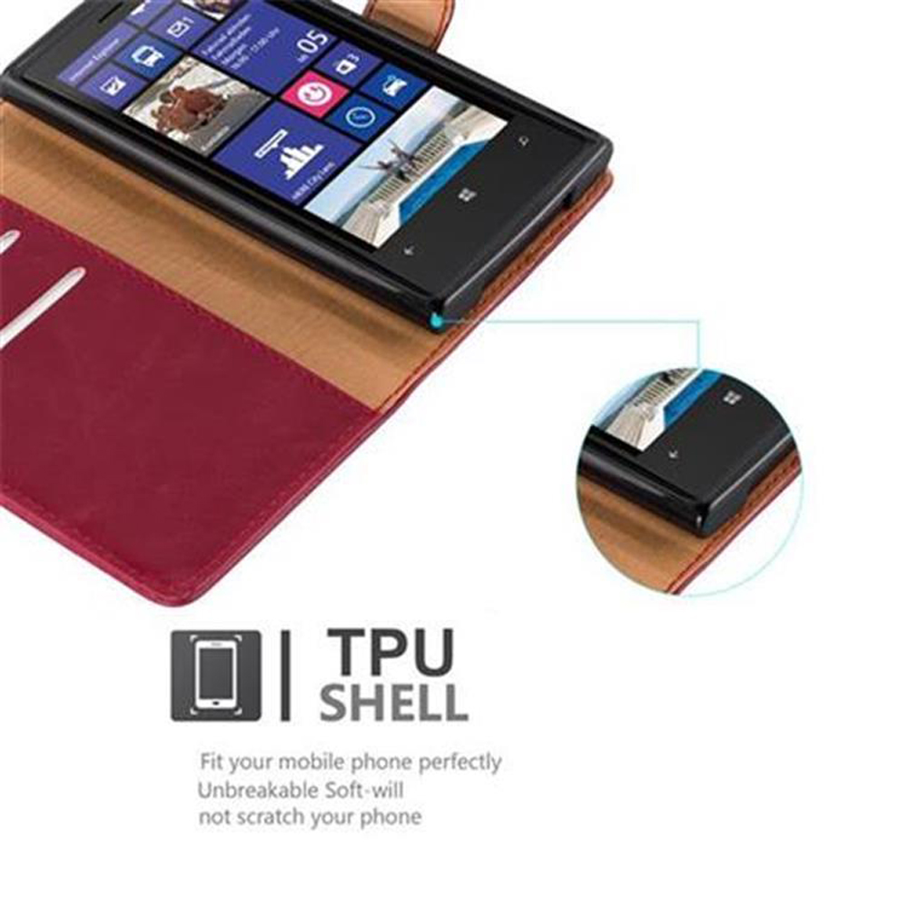 Uno smartphone in una custodia bordeaux con logo e testo TPU.