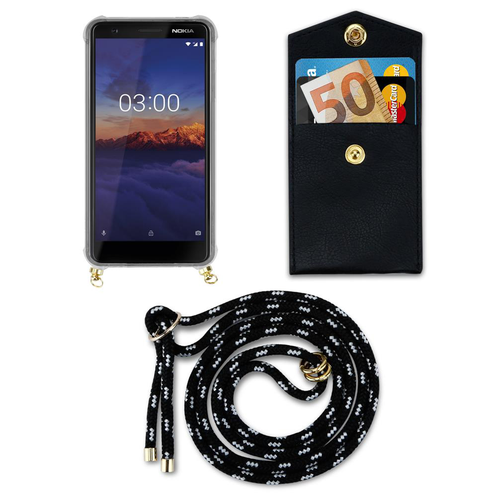 Ein Nokia-Handy, eine schwarze Brieftasche mit Geld und Karten, und ein Lanyard.