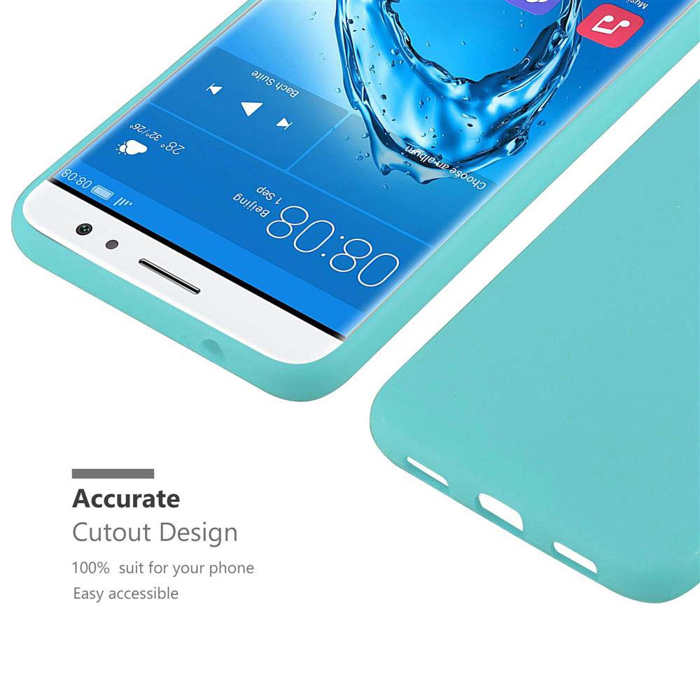 Una custodia turchese accanto a uno smartphone che mostra le 08:08.