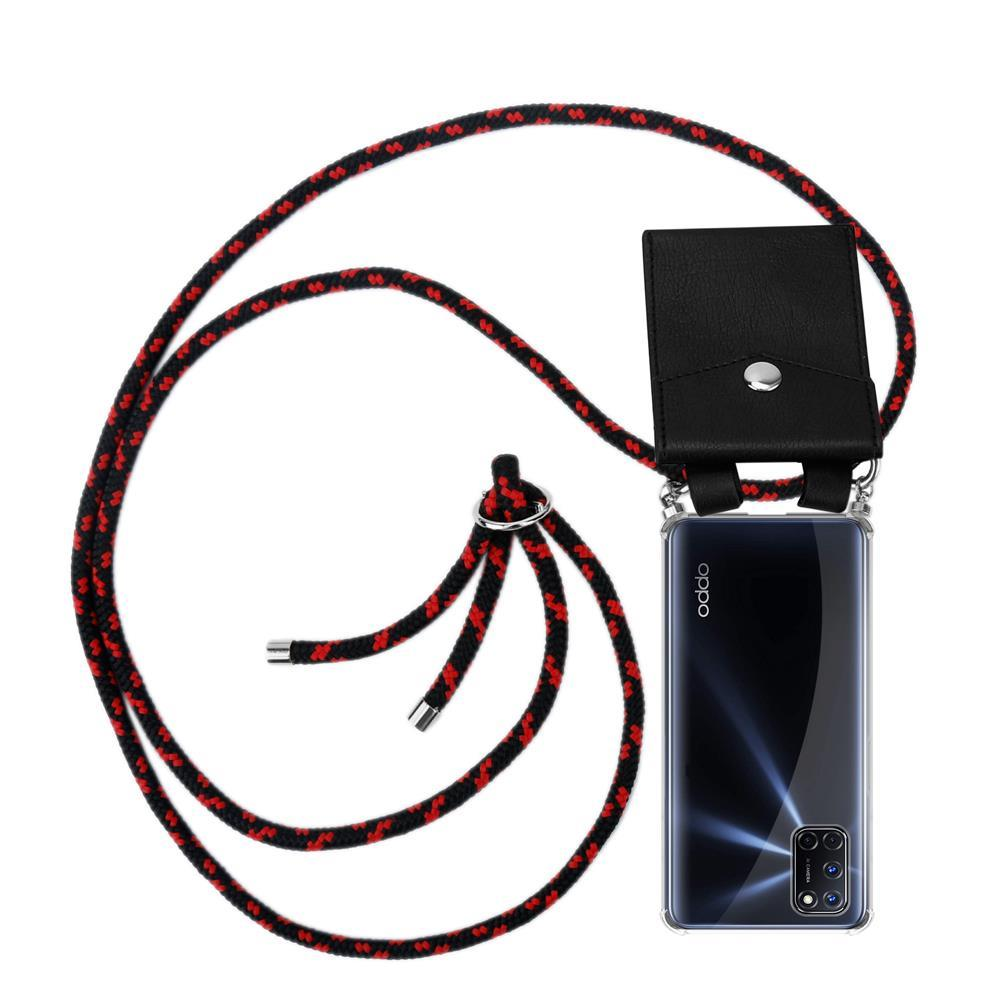 Schwarz-rotes Band mit Handyhülle und Handy auf weißem Grund.